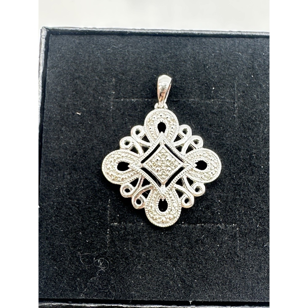 Sterling Silver Tone Filigree Diamond Accent Scroll Pendant Charm Necklace